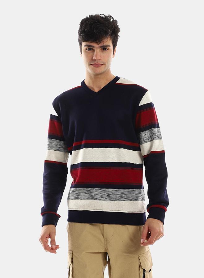 kady Stitched V-Neck Fleeced Pullover - Navy Blue & White - Image 1