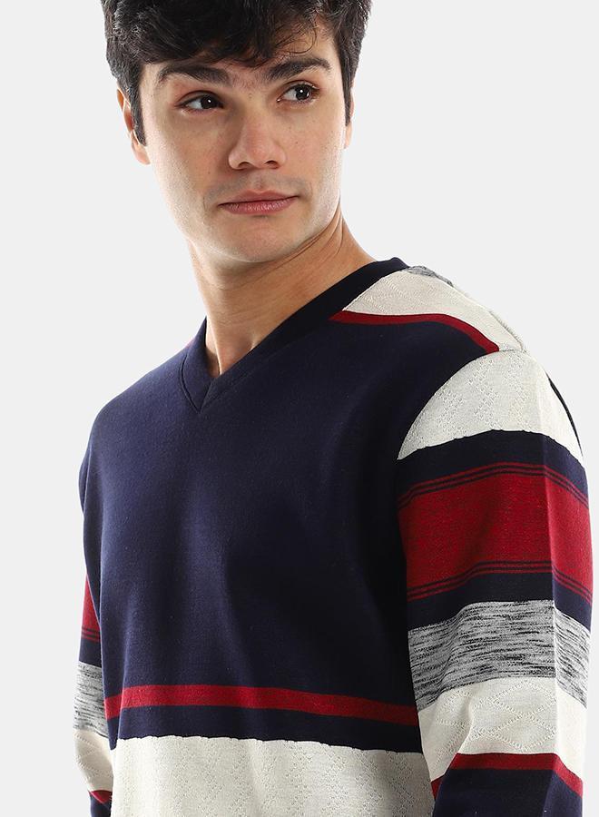 kady Stitched V-Neck Fleeced Pullover - Navy Blue & White - Image 4