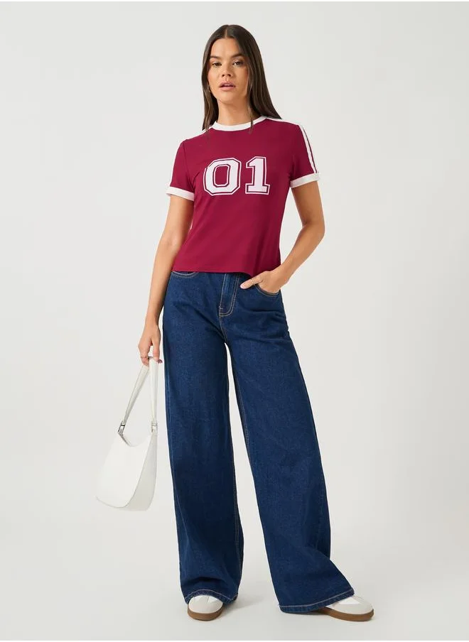 Styli Styli Varsity Print Short Sleeve Cropped Fitted T-Shirt