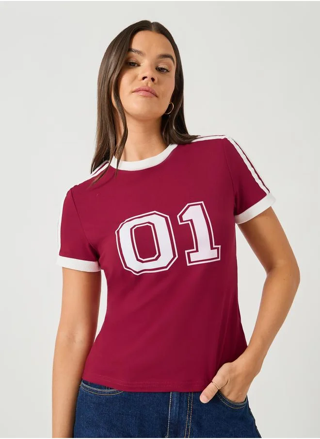 Styli Styli Varsity Print Short Sleeve Cropped Fitted T-Shirt
