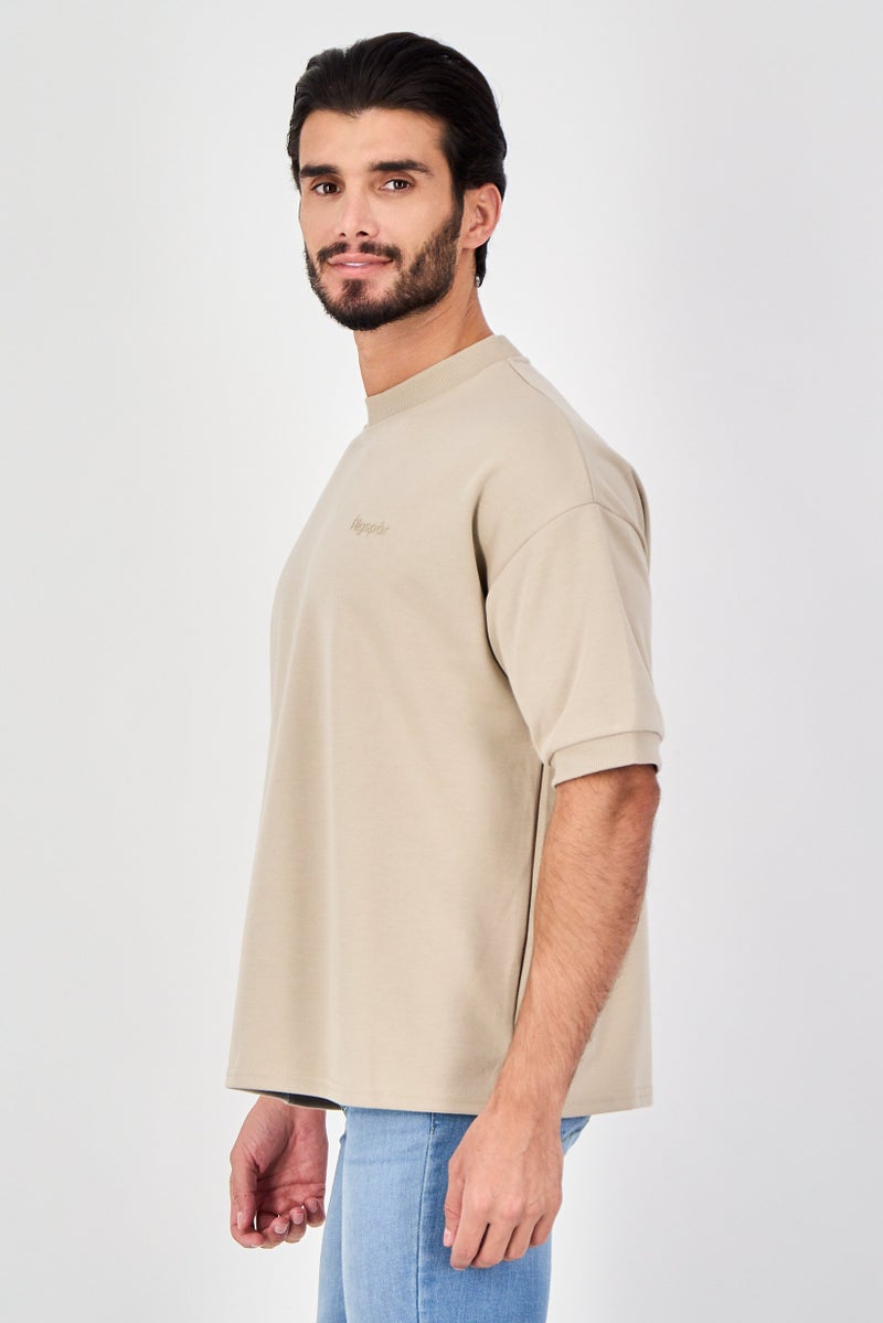 Algspar Men Crew Neck Short Sleeve Brand Logo T Shirt, Sand - Image 2