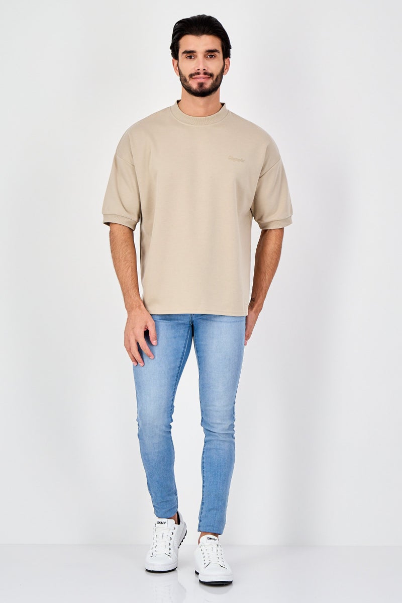 Algspar Men Crew Neck Short Sleeve Brand Logo T Shirt, Sand - Image 4