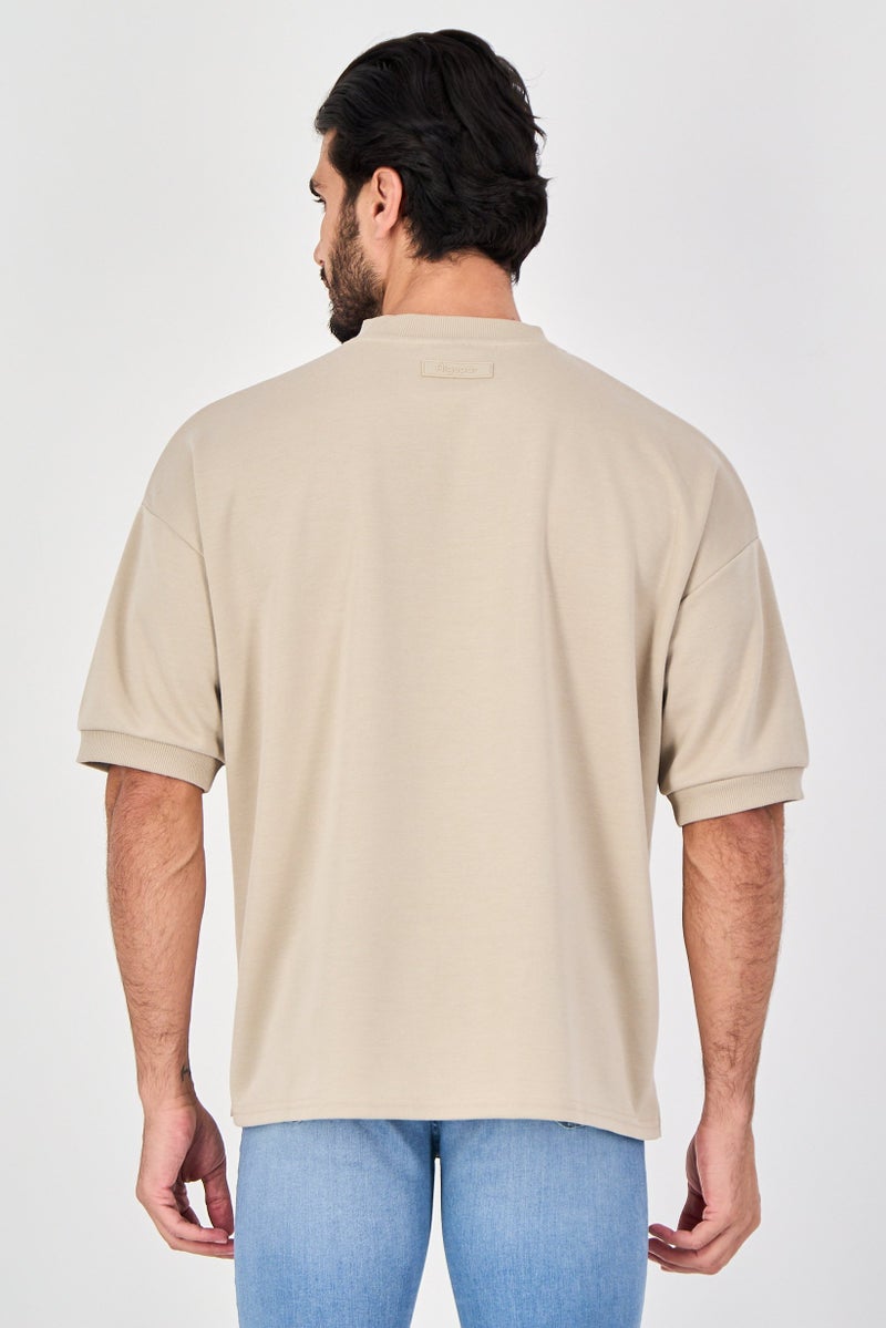 Algspar Men Crew Neck Short Sleeve Brand Logo T Shirt, Sand - Image 3