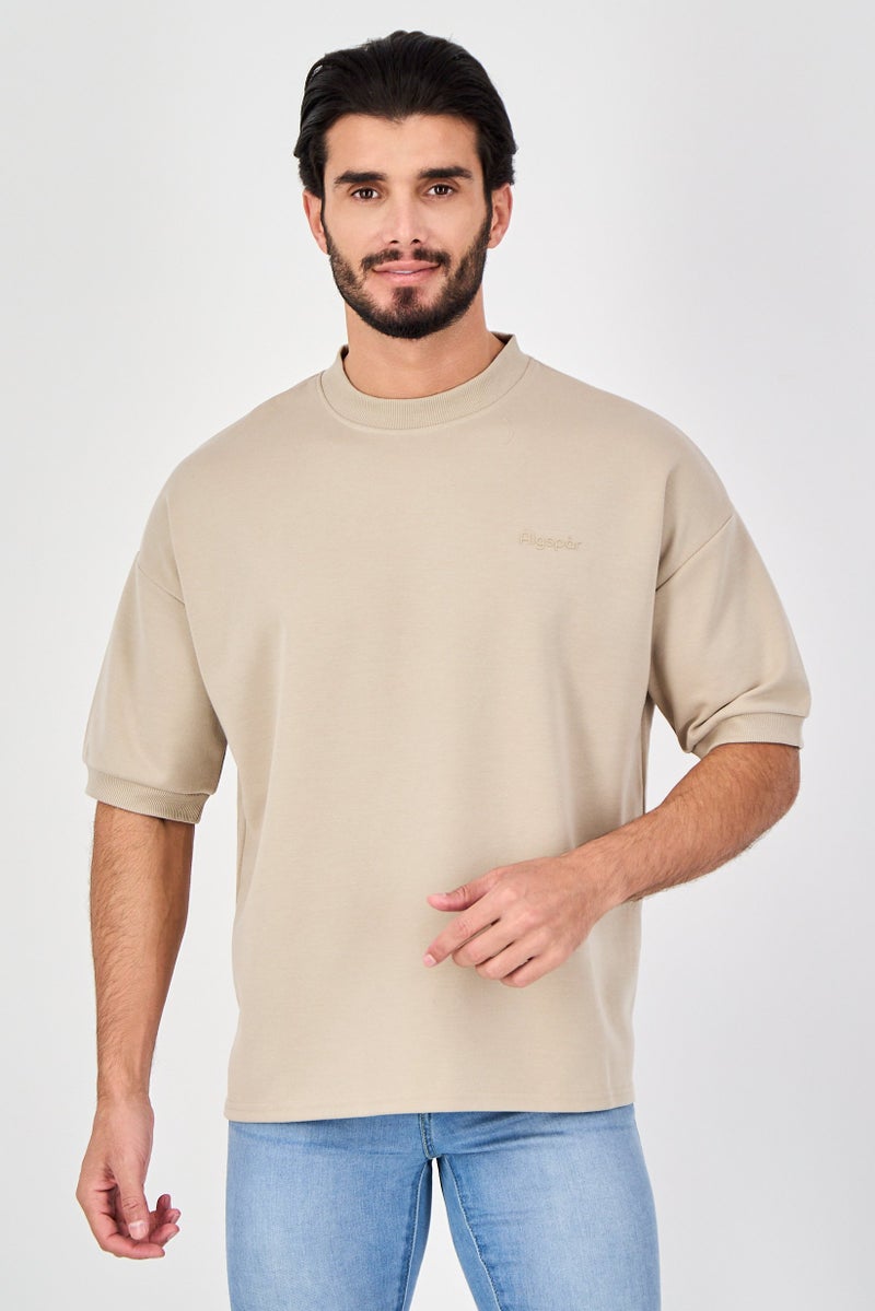 Algspar Men Crew Neck Short Sleeve Brand Logo T Shirt, Sand - Image 1