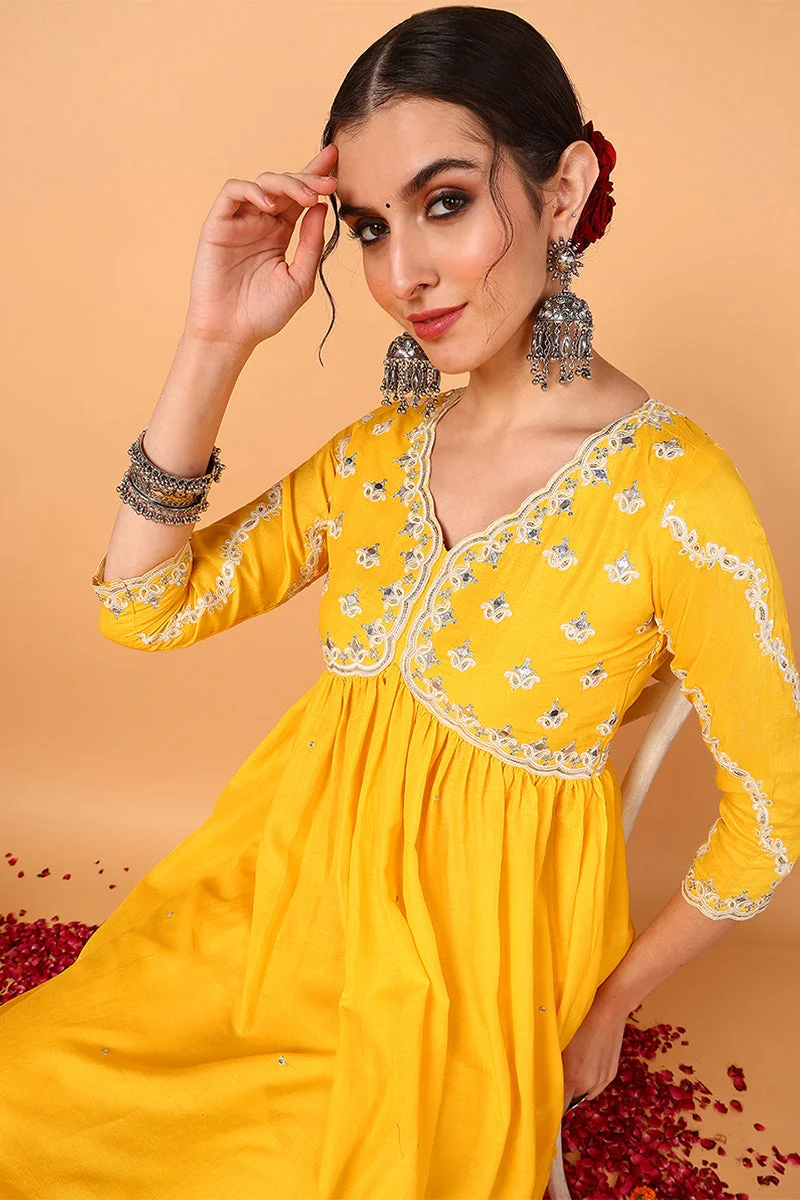 ZERESOUQ Yellow Silk Blend Solid Embroidered Anarkali Set