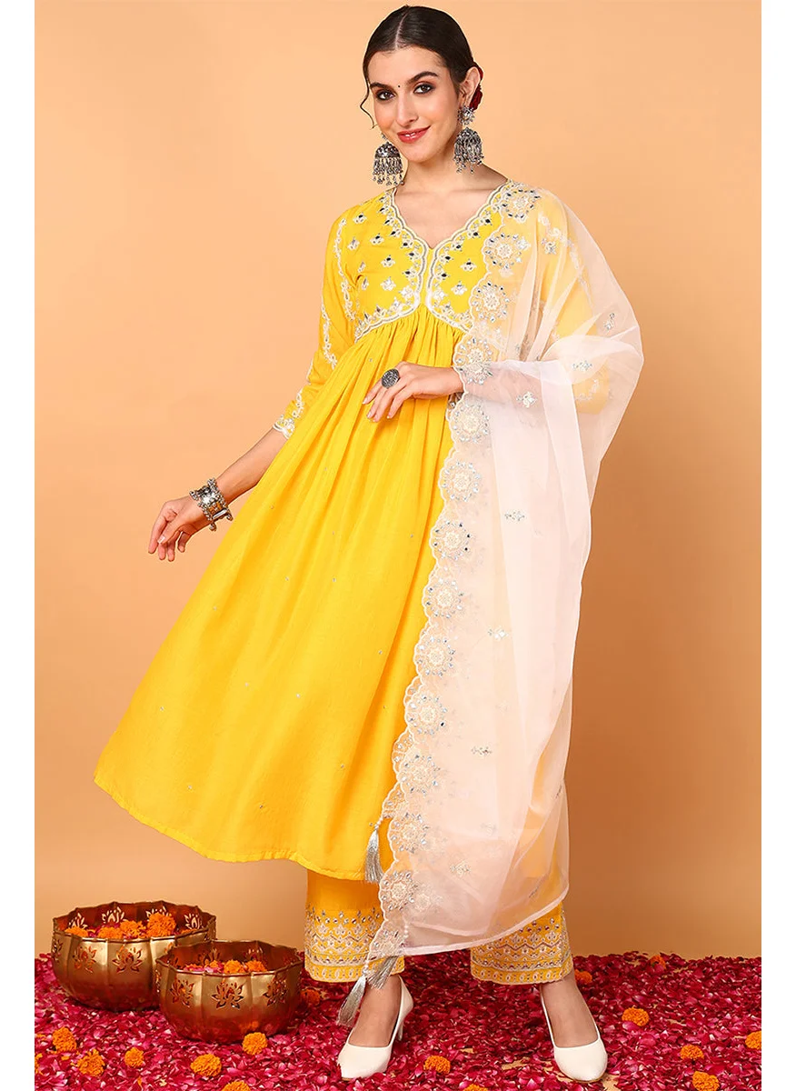 زيري سوق Yellow Silk Blend Solid Embroidered Anarkali Set
