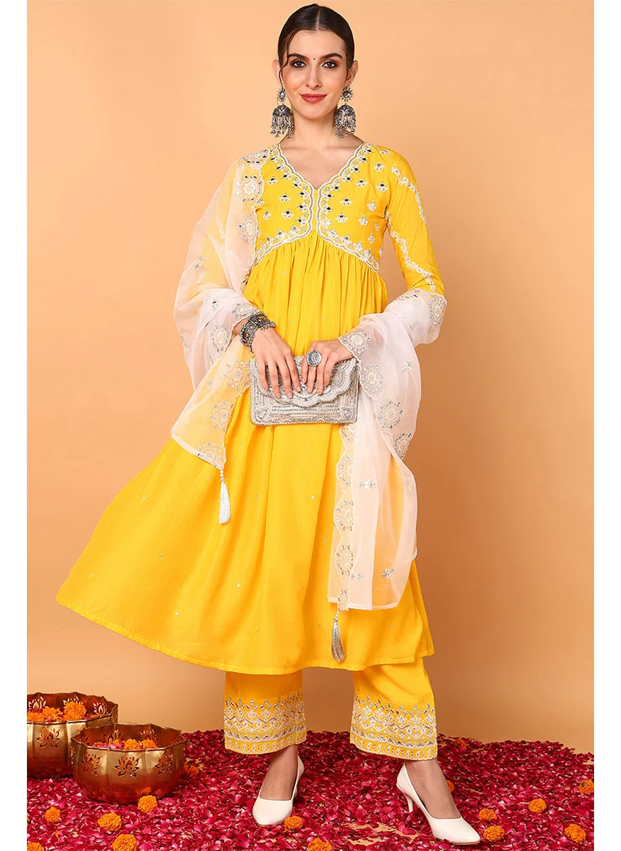 زيري سوق Yellow Silk Blend Solid Embroidered Anarkali Set