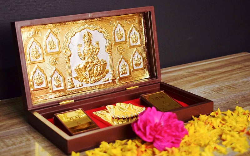 Jainkart Wooden Finish AshtalaxmiAshtalakshmi Foil Print Brown Royal PetiGift Box With Charan Paduka And Shubh Labh For Gifting Home Decor Office Decor Ghar Mandir Size 85 x 45 inch - Image 3