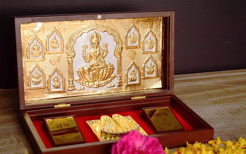 Jainkart Wooden Finish AshtalaxmiAshtalakshmi Foil Print Brown Royal PetiGift Box With Charan Paduka And Shubh Labh For Gifting Home Decor Office Decor Ghar Mandir Size 85 x 45 inch - Image 5