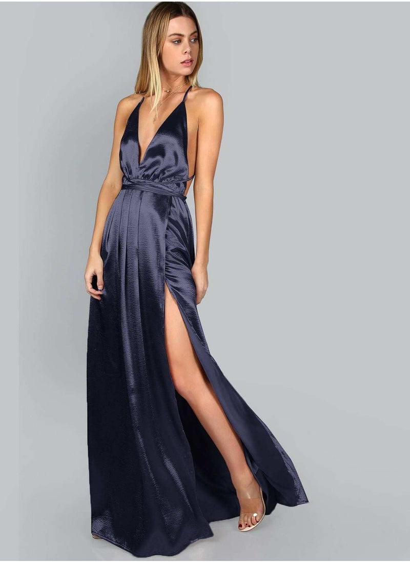 Generic - Plunge Neck Crisscross Back Split Thigh Pleated Satin Dress - Image 1