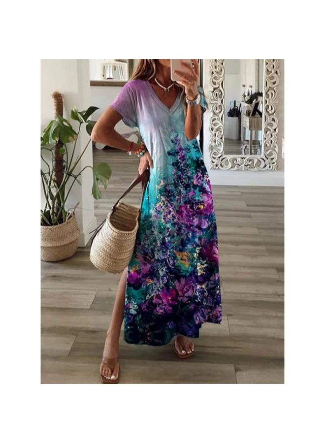 Independent Station Hot Women's Summer New Split Short Sleeve Dress Long Dress