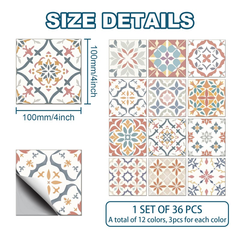 CHGCRAFT 36Pcs 12Styles Mediterranean Mandala Wall Tile Decals Peel and Stick Tile Stickers Waterproof Self-Adhesive Backsplash Stickers for Kitchen Bathroom Decor, 4x4Inch - Image 2