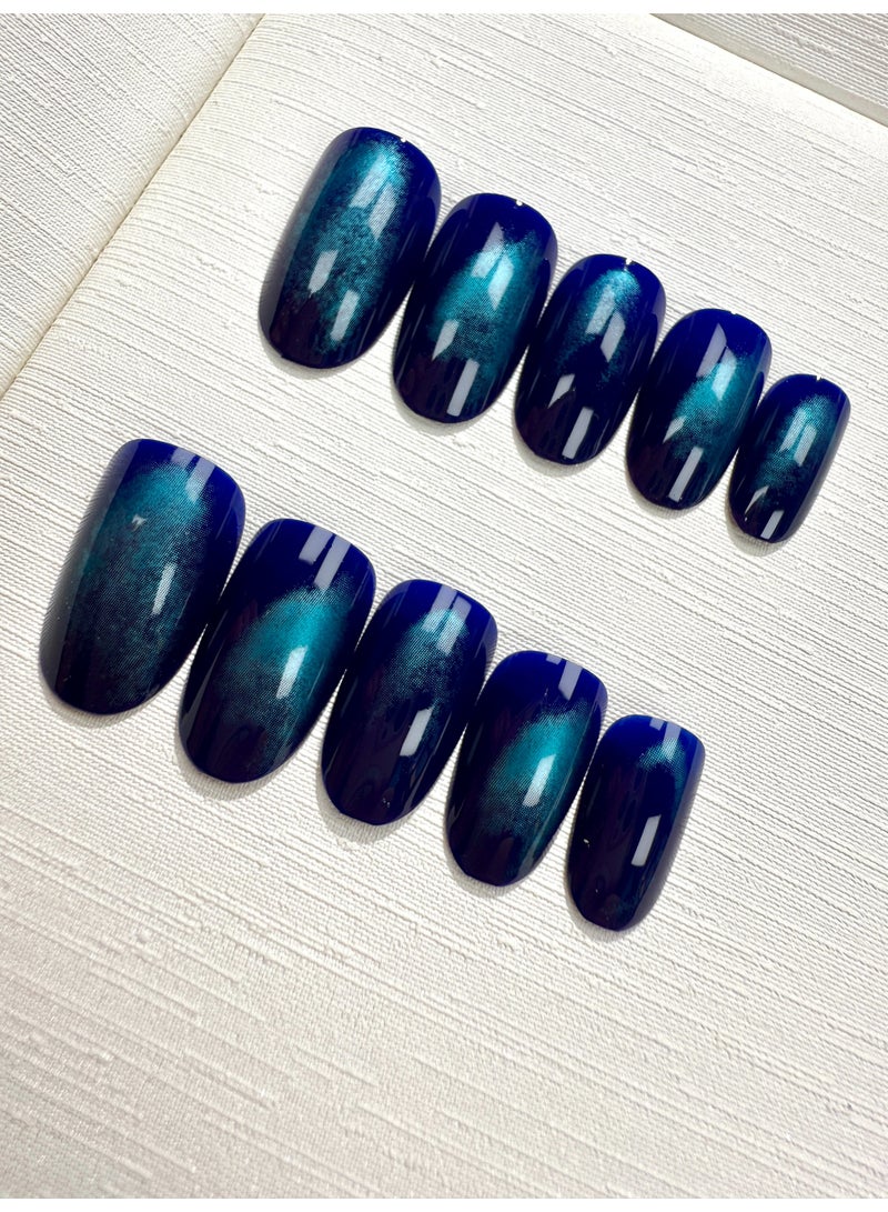 Elegant and deep cat-eye oval gradient blue false nail patch, item number w576 - Image 1