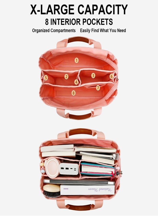 KKXIU Oversize Canvas Tote Bag for Women with Zipper and Compartments - Pink - Image 3