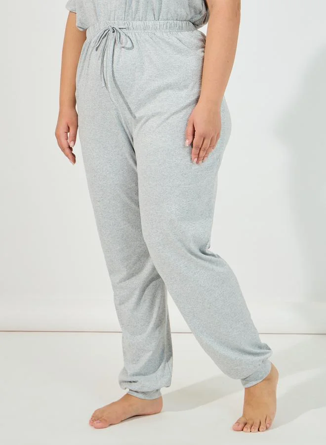 Styli Plus Size Embroidered Slogan T-Shirt & Cuffed Pyjama Set