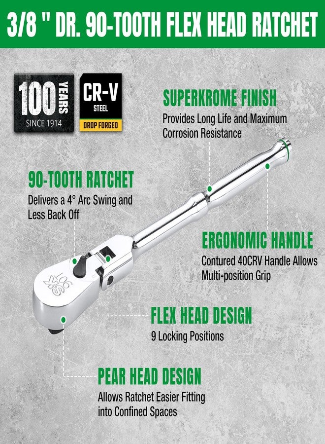 SK 3/8" Drive Flex Head Ratchet Handle, 90-Tooth Ratchet,Premium CR-V Construction, Reversible Design, with Contoured Handle - Image 3