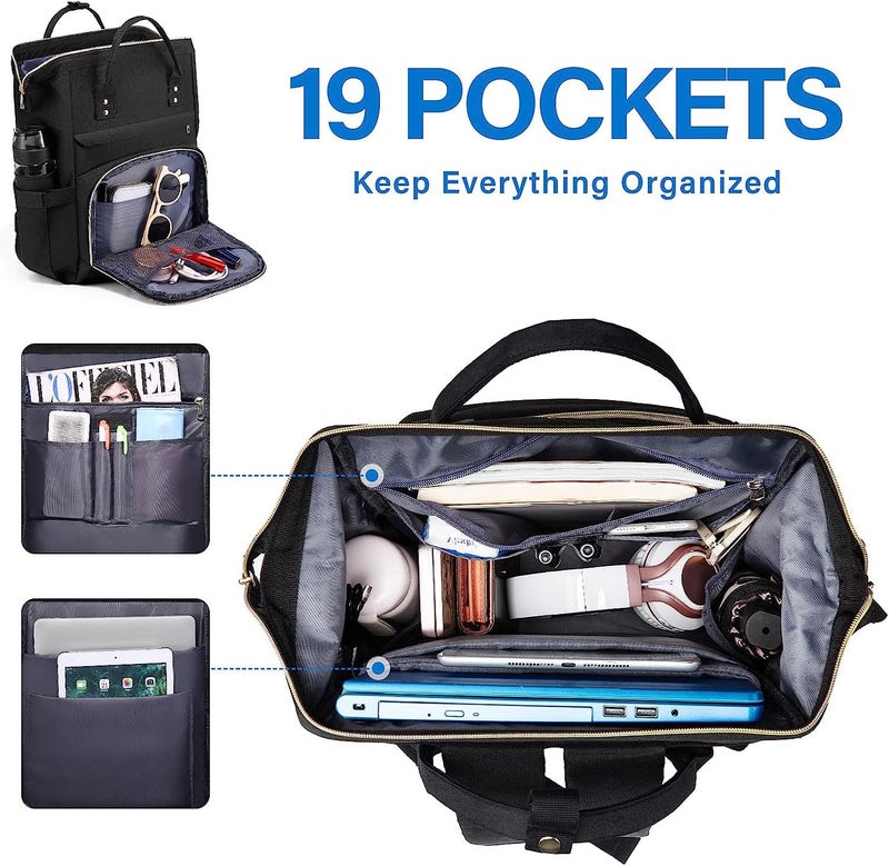 Contacts Unisex 5 Compartment Laptop Backpack, 15.6 Inch Work Backpack Purse Waterproof Anti-Theft Travel Back Pack With USB Charging Port (Black) - Image 3