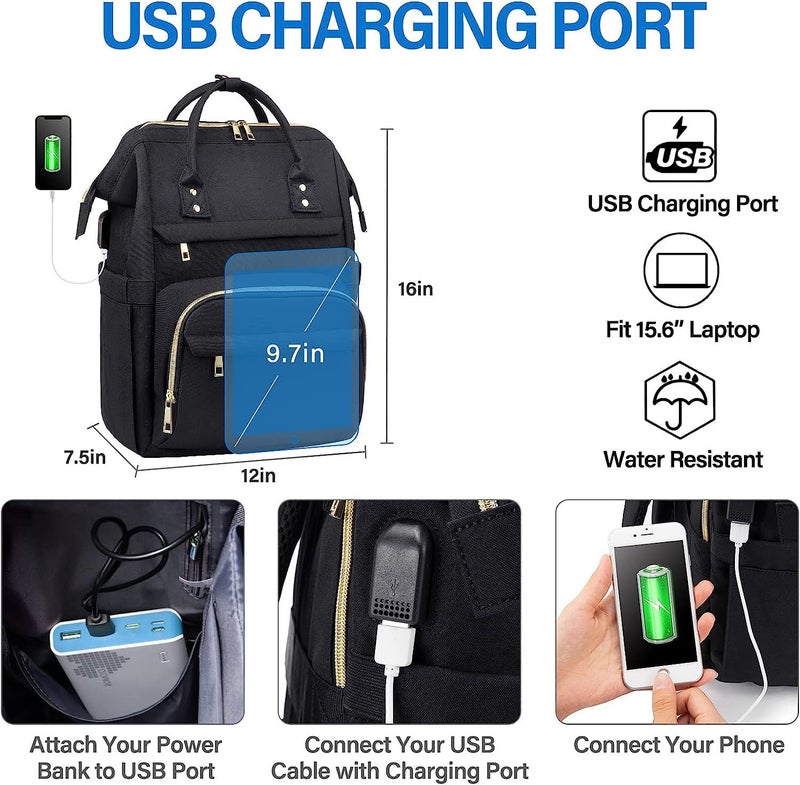 Contacts Unisex 5 Compartment Laptop Backpack, 15.6 Inch Work Backpack Purse Waterproof Anti-Theft Travel Back Pack With USB Charging Port (Black) - Image 2