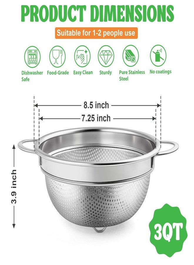 P&P CHEF Colander Strainer Stainless Steel 3 Quart, Metal Micro-Perforated Colander for Kitchen Food, Ideal for Rinsing Washing Draining, Dishwasher Safe, Shiny Silver, 1PC - Image 2