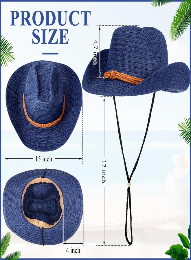 JaGely 12 Pcs Straw Cowboy Hat for Men Women Western Party Sun Protection Hat Wide Brim Cowgirl Costume Accessories for Summer Beaches Outdoor Adventures Fishing Riding Camping Garden Yard(Navy Blue) - Image 2