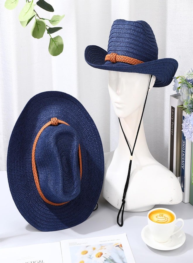 JaGely 12 Pcs Straw Cowboy Hat for Men Women Western Party Sun Protection Hat Wide Brim Cowgirl Costume Accessories for Summer Beaches Outdoor Adventures Fishing Riding Camping Garden Yard(Navy Blue) - Image 4
