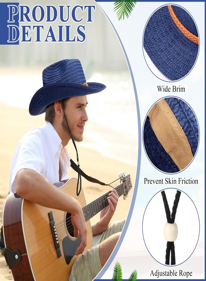 JaGely 12 Pcs Straw Cowboy Hat for Men Women Western Party Sun Protection Hat Wide Brim Cowgirl Costume Accessories for Summer Beaches Outdoor Adventures Fishing Riding Camping Garden Yard(Navy Blue) - Image 3