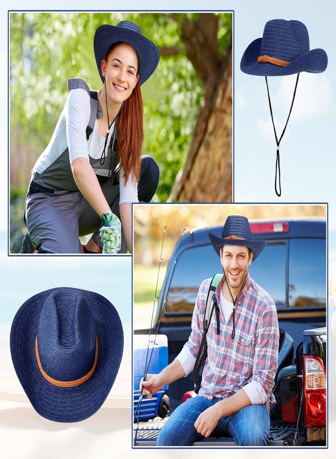 JaGely 12 Pcs Straw Cowboy Hat for Men Women Western Party Sun Protection Hat Wide Brim Cowgirl Costume Accessories for Summer Beaches Outdoor Adventures Fishing Riding Camping Garden Yard(Navy Blue) - Image 5