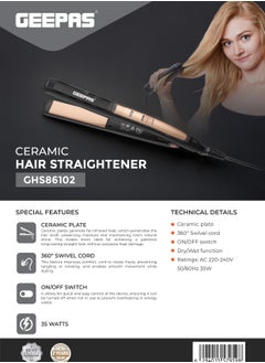GEEPAS Ceramic Hair Straightener- GHS86102/ Slim Design with Display and Ceramic-Coated Plate/ 360-Degree Swivel Cord, Dry and Wet Function/ Perfect for Salon and at Home Styling/ Black, 2 Years Warranty 