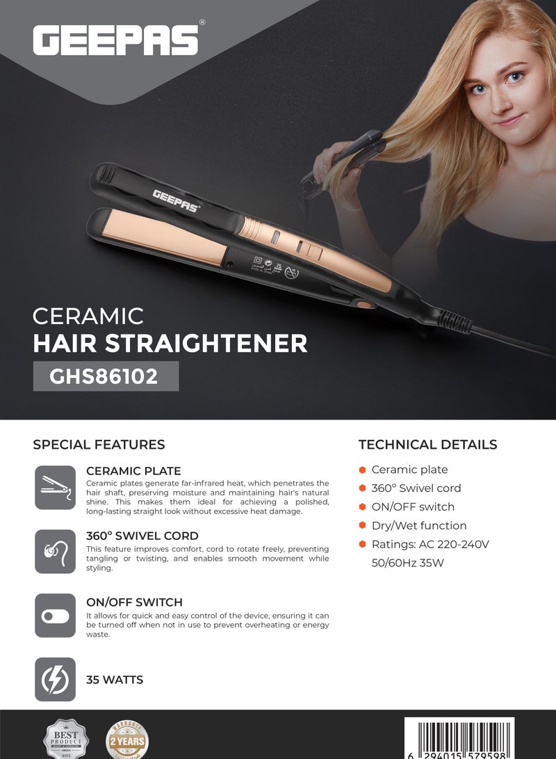 GEEPAS Ceramic Hair Straightener- GHS86102/ Slim Design with Display and Ceramic-Coated Plate/ 360-Degree Swivel Cord, Dry and Wet Function/ Perfect for Salon and at Home Styling/ Black, 2 Years Warranty