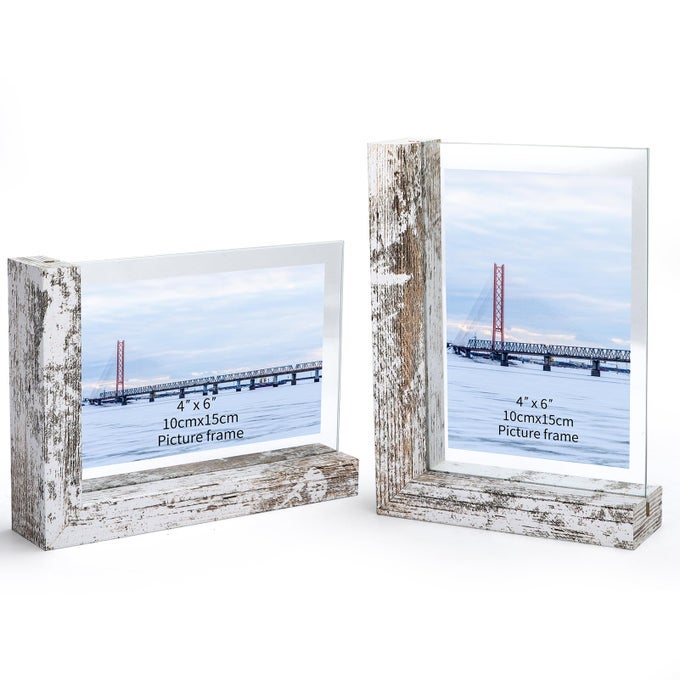 4X6 PICTURE FRAMES SET OF 2 DOUBLE SIDED FRAME WITH DISTRESSED WHITE L SHAPED HOLDER STAND FOR 4 BY 6 PHOTO ART DESKTOP OR TABLETOP DECOR