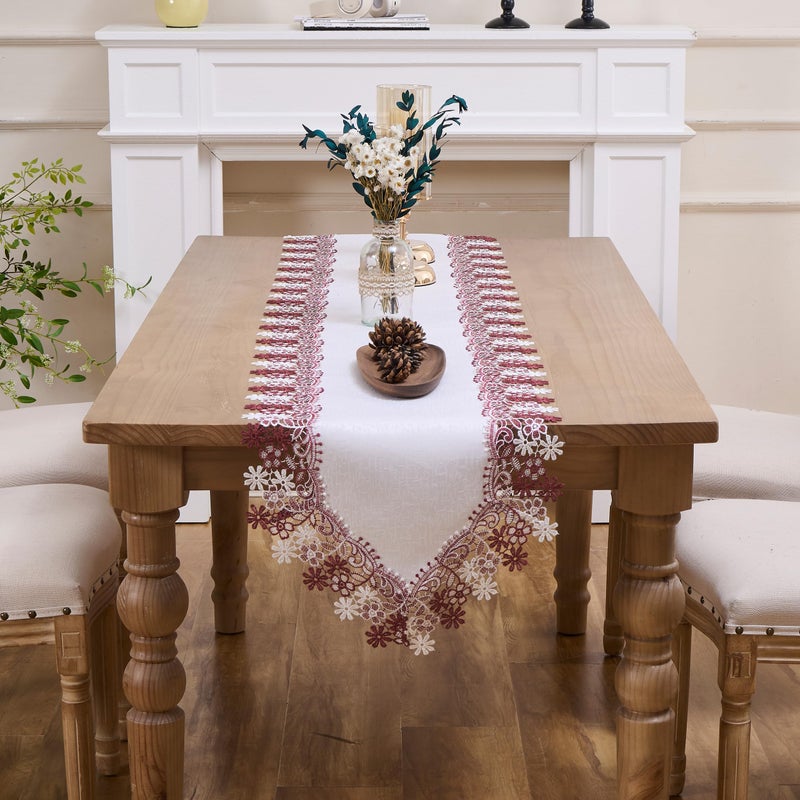 Winotic White Dark Red Floral Lace Jacquard Table Runner Dresser Scarf 36 inches Long for Kitchen Dining Coffee Table Parties Wedding Home Decor (16â€ x36â€, Dark Red Floral) - Image 2