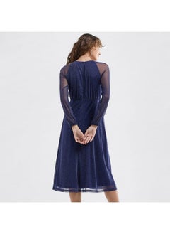 FAV Textured A-line Dress with Keyhole Neck and Long Sleeves  - Image 3