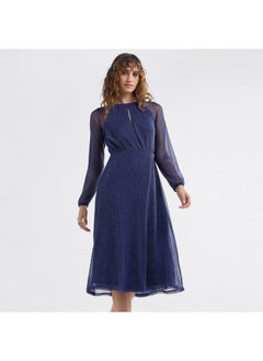 FAV Textured A-line Dress with Keyhole Neck and Long Sleeves  - Image 1