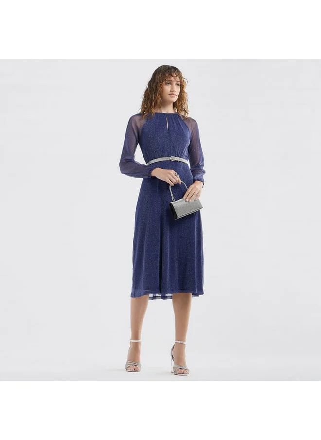 FAV Textured A-line Dress with Keyhole Neck and Long Sleeves