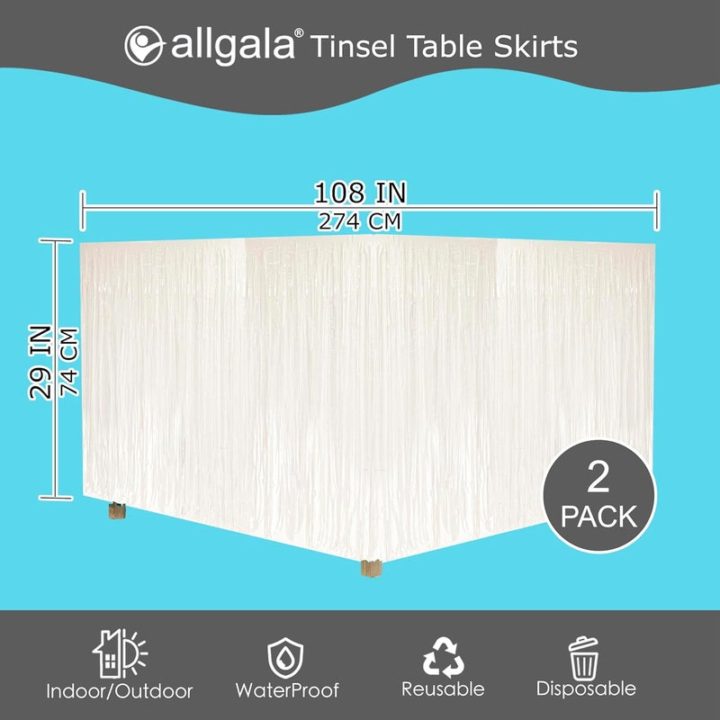allgala تنورة طاولة لامعة بيضاء 2-pack 29x108 بوصة تنورات طاولة من رقائق معدنية لحفلات الأحداث، موكب، زينة الحفلات - Image 3