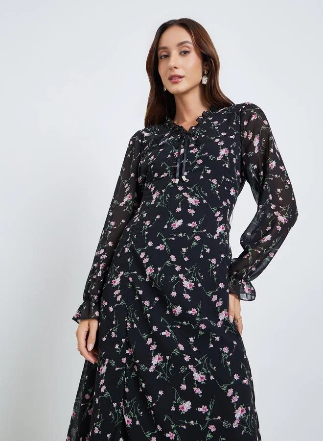 Take Two Women Floral Printed Round Neck Elastic Cuff Midi Dress