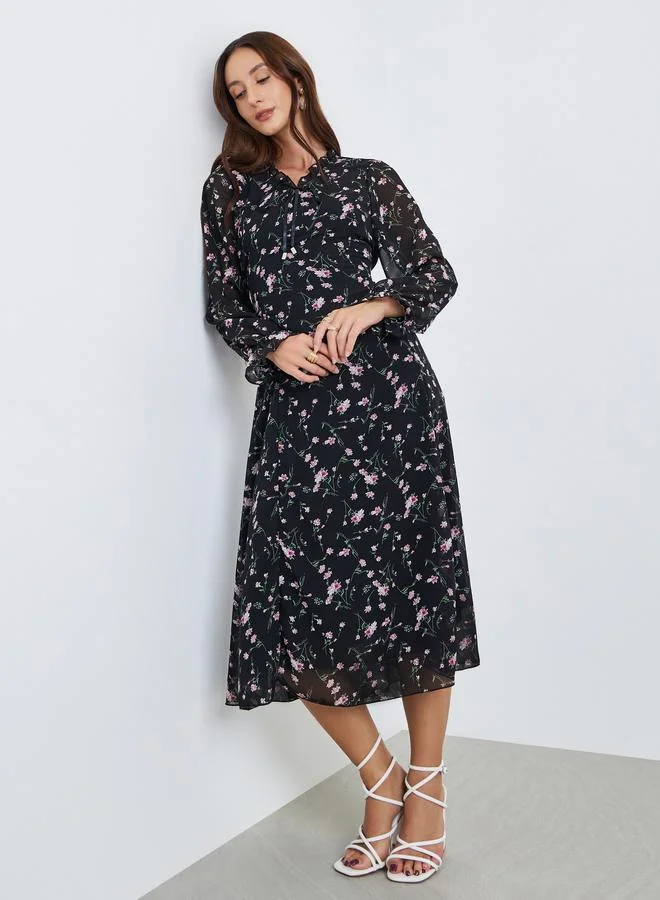Take Two Women Floral Printed Round Neck Elastic Cuff Midi Dress
