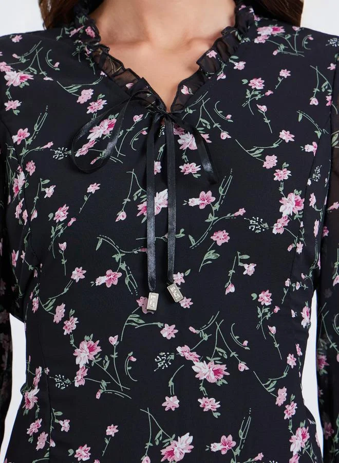 Take Two Women Floral Printed Round Neck Elastic Cuff Midi Dress