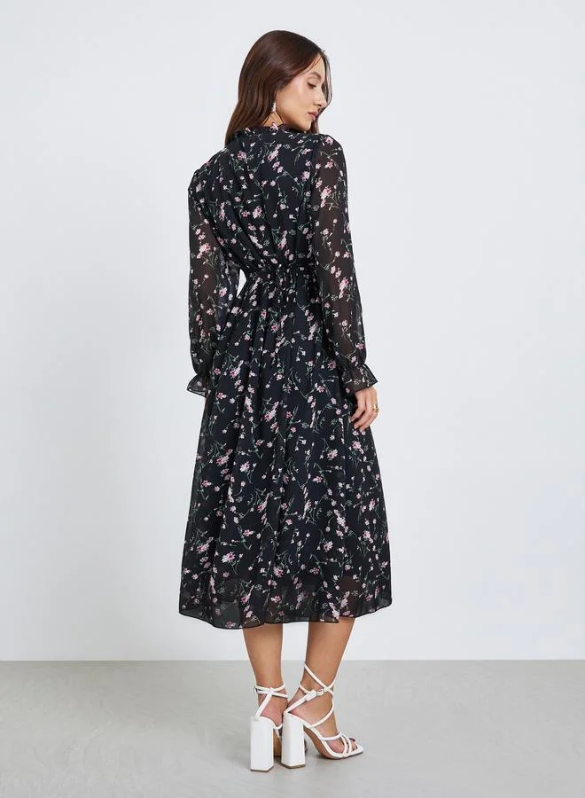 Take Two Women Floral Printed Round Neck Elastic Cuff Midi Dress