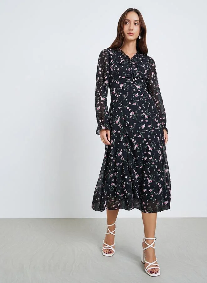 Take Two Women Floral Printed Round Neck Elastic Cuff Midi Dress