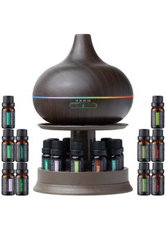 Ultimate Aromatherapy Diffuser & Essential Oil Set - Ultrasonic Diffuser & Top 10 Essential Oils - 300ml Diffuser w/ 4 Timer & 7 Ambient Light Settings - Therapeutic Essential Oils - Dark Oak w/Stand