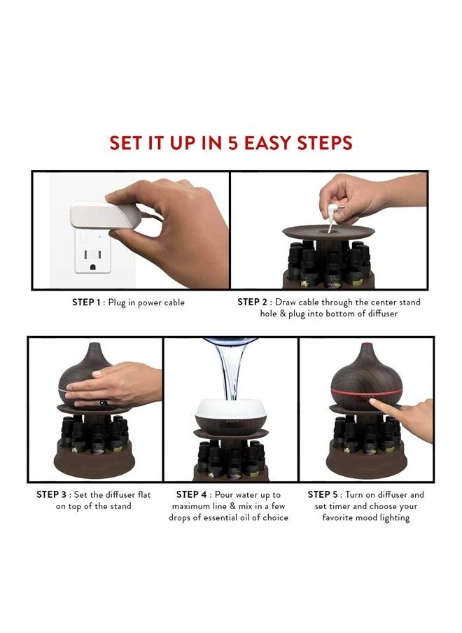 Pure Daily Care - Ultimate Aromatherapy Diffuser & Essential Oil Set - Ultrasonic Diffuser & Top 10 Essential Oils - 300ml Diffuser w/ 4 Timer & 7 Ambient Light Settings - Therapeutic Essential Oils - Dark Oak w/Stand - Image 1