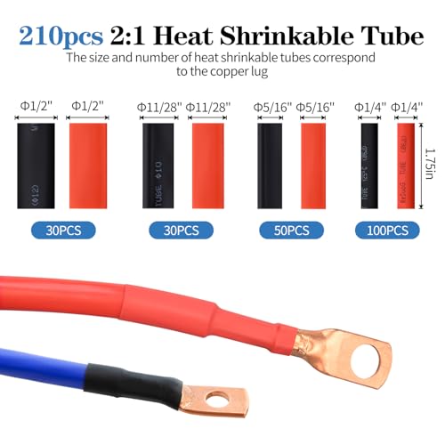 Mdvora Cable Lug Crimping Tool with 170pcs Copper Wire Lugs, Wire Crimping Tool for AWG 10-1/0 Electrical Lug Crimper, with Cable Cutter, 210pcs Dual Wall Adhesive Heat Shrink Tubing - Image 4