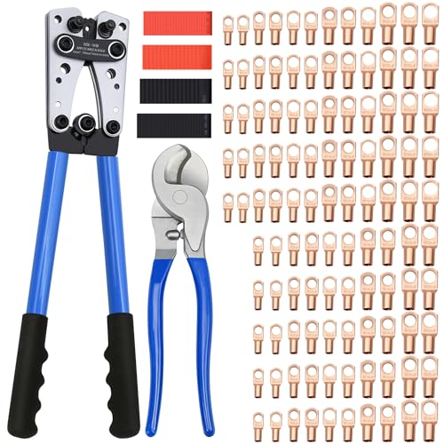 Mdvora Cable Lug Crimping Tool with 170pcs Copper Wire Lugs, Wire Crimping Tool for AWG 10-1/0 Electrical Lug Crimper, with Cable Cutter, 210pcs Dual Wall Adhesive Heat Shrink Tubing - Image 1