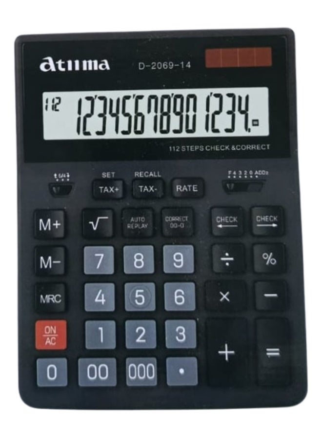 آلة حاسبة إلكترونية مكتبية D-2069-14 شاشة LCD كبيرة مكونة من 14 رقمًا مع 112 خطوة للتحقق وطاقة مزدوجة. آلة حاسبة مكتبية متطورة مصممة خصيصًا لأعمال المحاسبة والمكاتب الاحترافية، تتميز بذاكرة عرض كبيرة ووظيفة مراجعة وتصميم متين للاستخدام اليومي المكثف. - Image 1