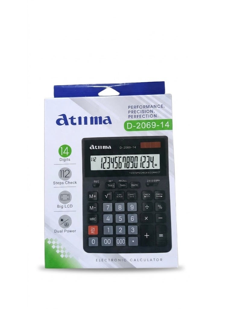 آلة حاسبة إلكترونية مكتبية D-2069-14 شاشة LCD كبيرة مكونة من 14 رقمًا مع 112 خطوة للتحقق وطاقة مزدوجة. آلة حاسبة مكتبية متطورة مصممة خصيصًا لأعمال المحاسبة والمكاتب الاحترافية، تتميز بذاكرة عرض كبيرة ووظيفة مراجعة وتصميم متين للاستخدام اليومي المكثف. - Image 2