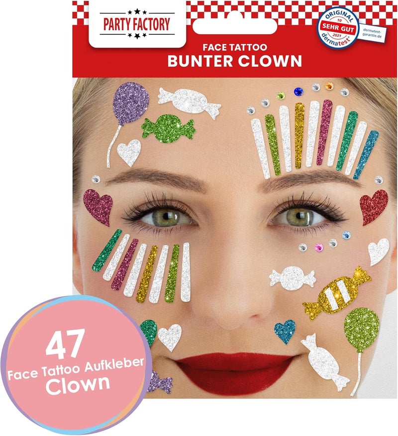 Party Factory Easy store & transit build Face Tattoo Colourful Clown Temporary Glitter Face Tattoo for Theme Party, Halloween & Carnival, Children and Adults Practical versatile construction - Image 2