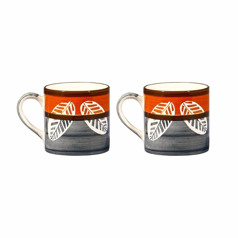 Caffeine Ceramic Handmade Orange & Grey Leaf Print Tea Cup (Set of 2) - Image 1