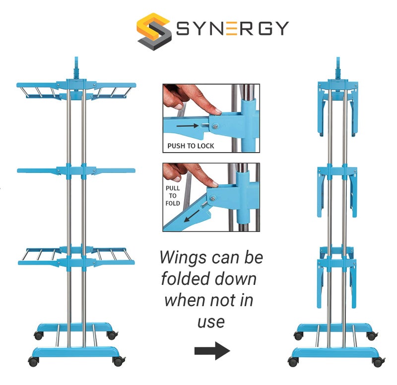 Synergy - Premium Heavy Duty Stainless Steel Clothes Drying Stand | Cloth Dryer Stand | Cloth Stand for Drying Clothes Foldable | Cloth Hanging Stand | Cloth Drying Stand (3-Tier) Blue - SY-CS19 - Image 4