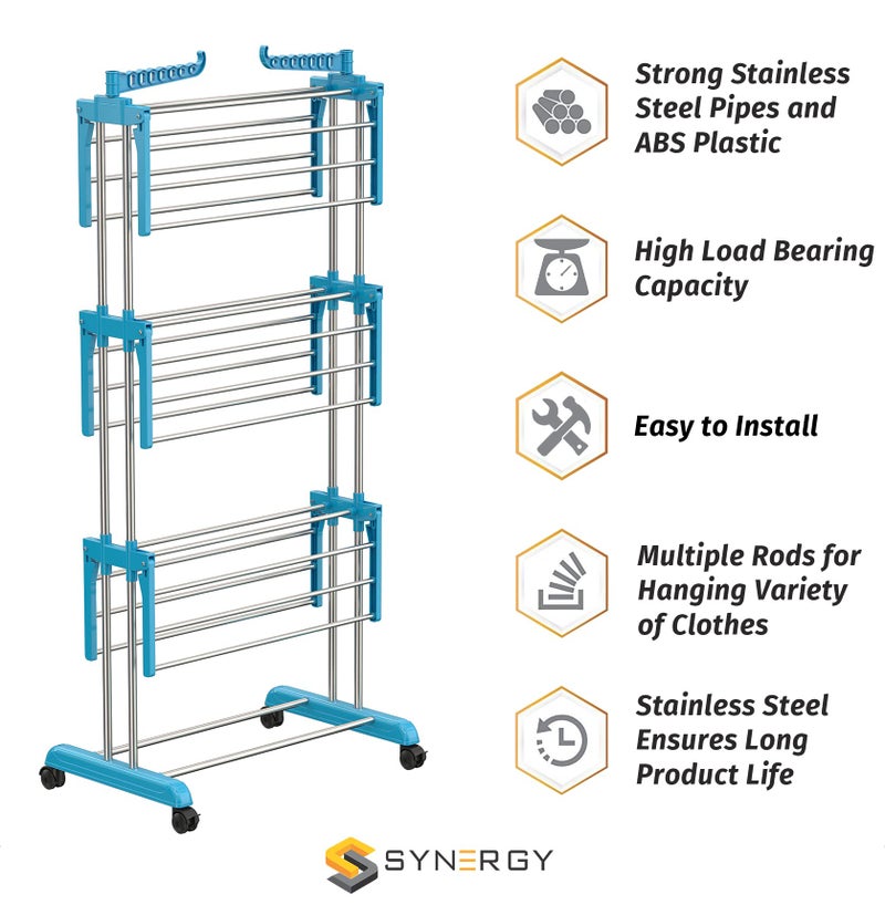 Synergy - Premium Heavy Duty Stainless Steel Clothes Drying Stand | Cloth Dryer Stand | Cloth Stand for Drying Clothes Foldable | Cloth Hanging Stand | Cloth Drying Stand (3-Tier) Blue - SY-CS19 - Image 2